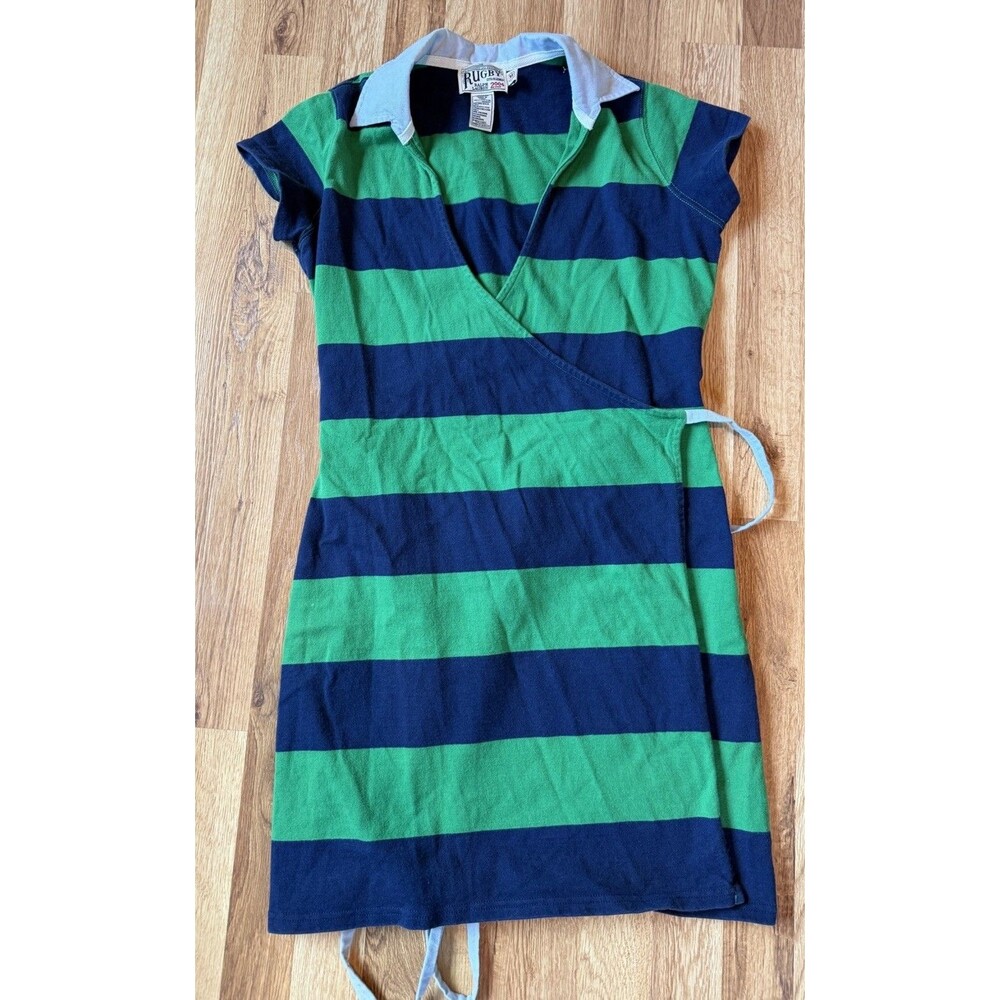 Rugby Ralph Lauren Wrap Dress Womens M Green Blue Striped Cotton Mini Dress Vtg